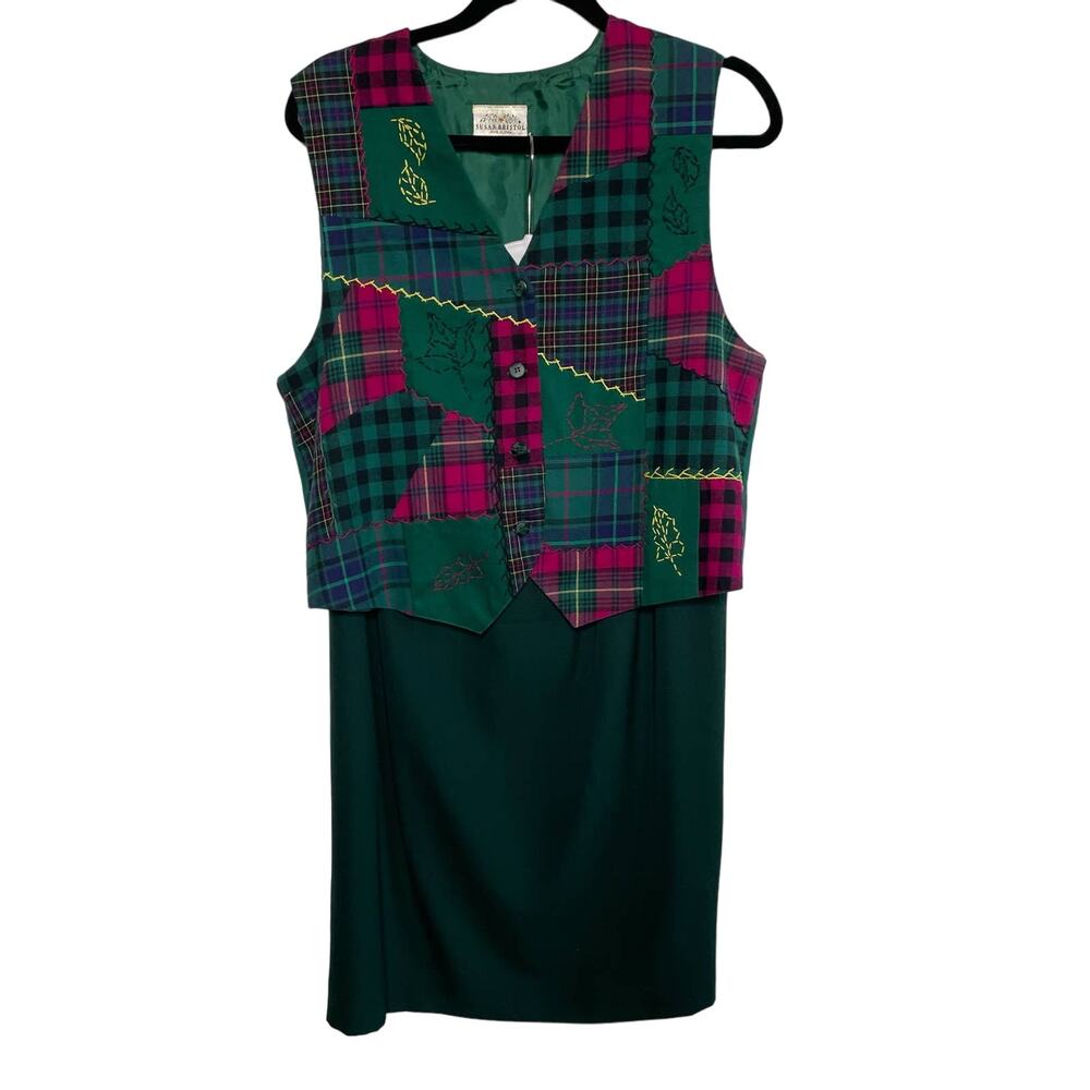 VTG 90s Susan Bristol Button Up Patchwork Vest Skirt 2 Piece Suit Set Green 12 M